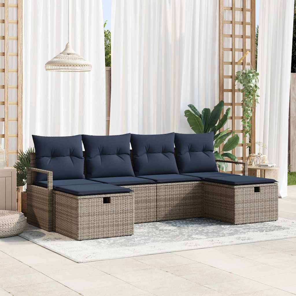 Bankstel met kussen 6 pcs Grijs en Marineblauw poly rattan is nu te koop bij PeponiXL, paradijselijk wonen!