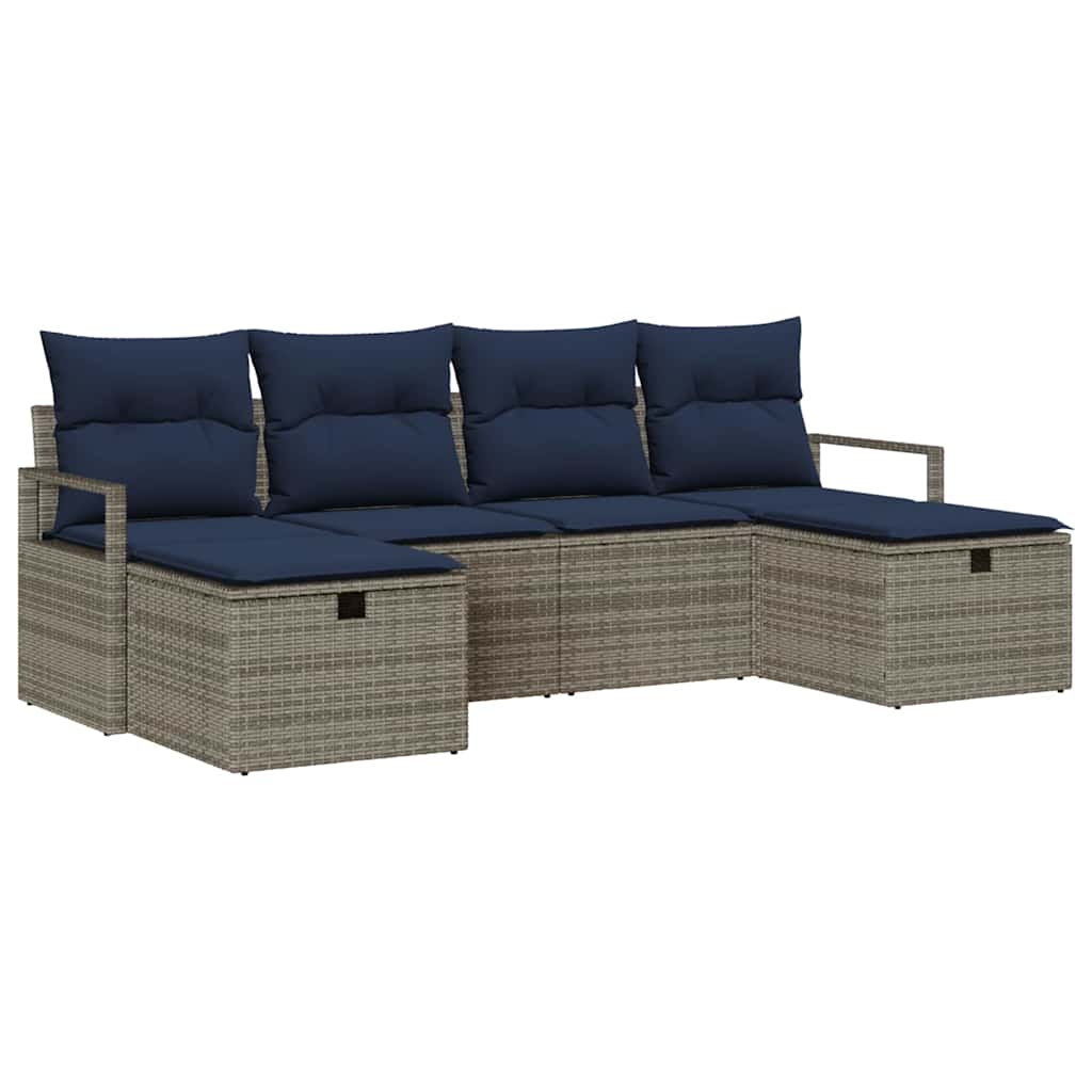 Bankstel met kussen 6 pcs Grijs en Marineblauw poly rattan is nu te koop bij PeponiXL, paradijselijk wonen!