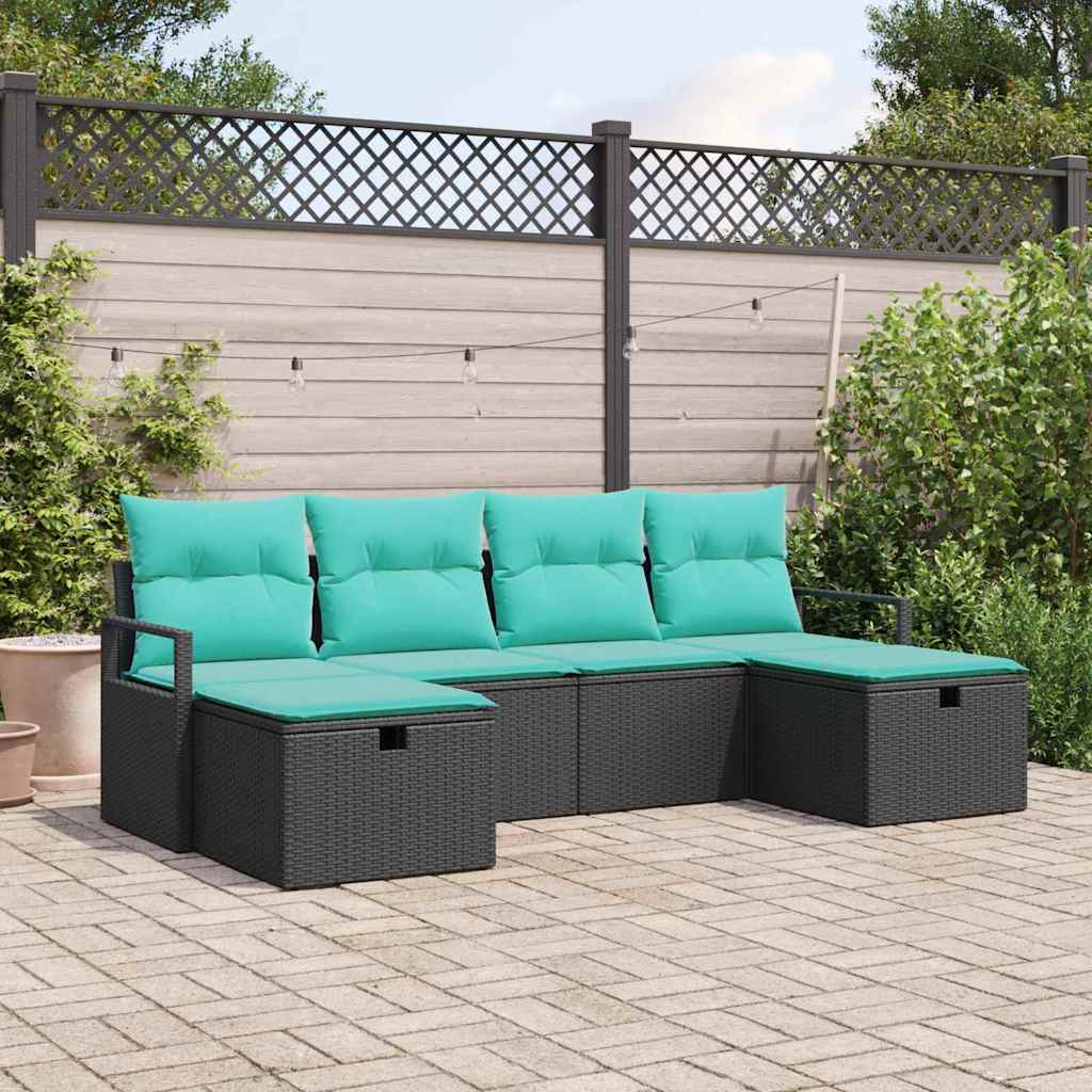 Bankstel met kussen 6 pcs Zwart en Turquoise poly rattan is nu te koop bij PeponiXL, paradijselijk wonen!