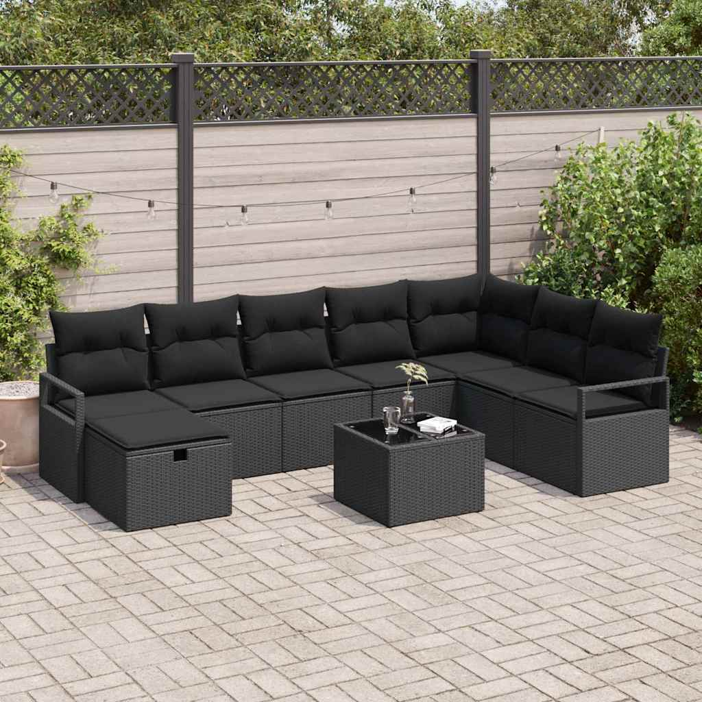 Bankstel met kussen met opslag 9 pcs Zwart poly rattan is nu te koop bij PeponiXL, paradijselijk wonen!
