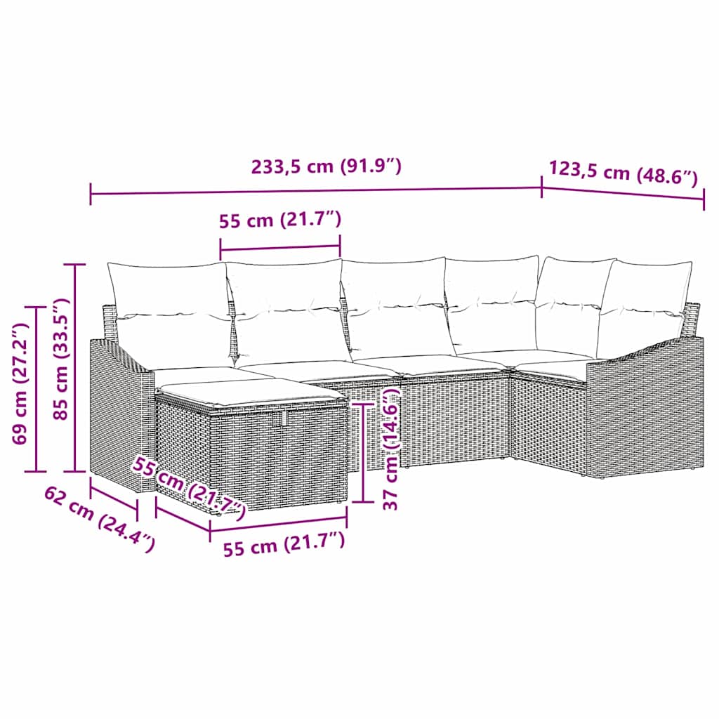 Bankstel 6 st Beige en Licht Grijs poly rattan