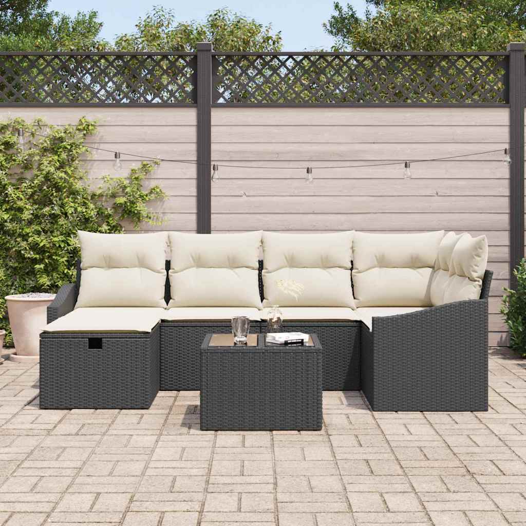 Bankstel met kussen met opslag Zwart en Crème poly rattan