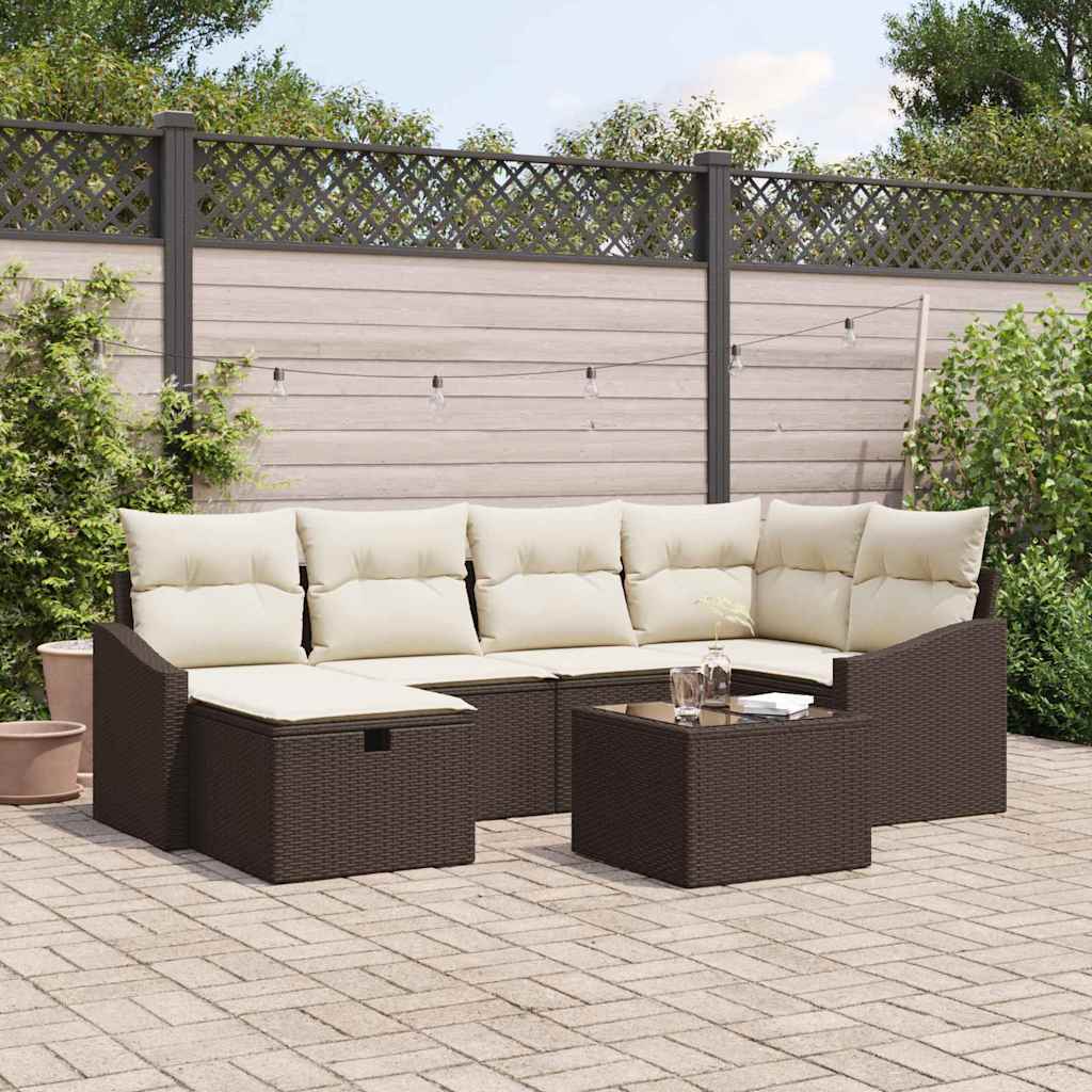 Bankstel met kussen met opslag 7 pcs Bruin en Crème poly rattan