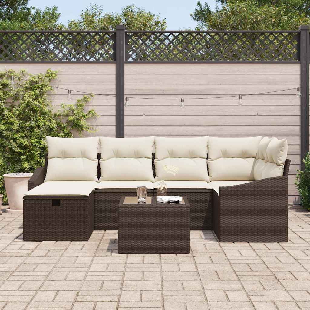 Bankstel met kussen met opslag 7 pcs Bruin en Crème poly rattan