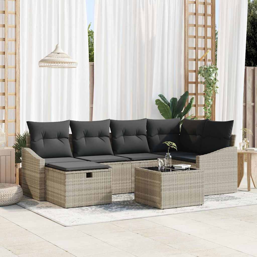 Bankstel met kussen 7 pcs Licht Grijs en Grijs poly rattan