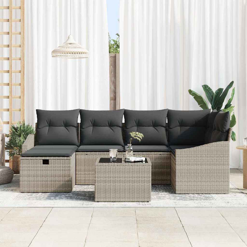 Bankstel met kussen 7 pcs Licht Grijs en Grijs poly rattan