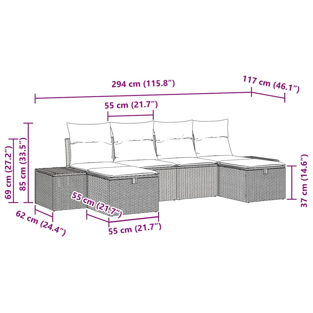 Tuin Sofa Set met kussen 6 pcs Grijs poly rattan is nu te koop bij PeponiXL, paradijselijk wonen!