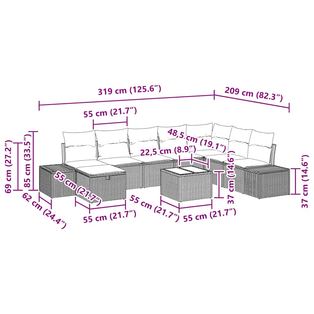 Tuin Sofa Set met kussen 9 pcs Grijs poly rattan is nu te koop bij PeponiXL, paradijselijk wonen!