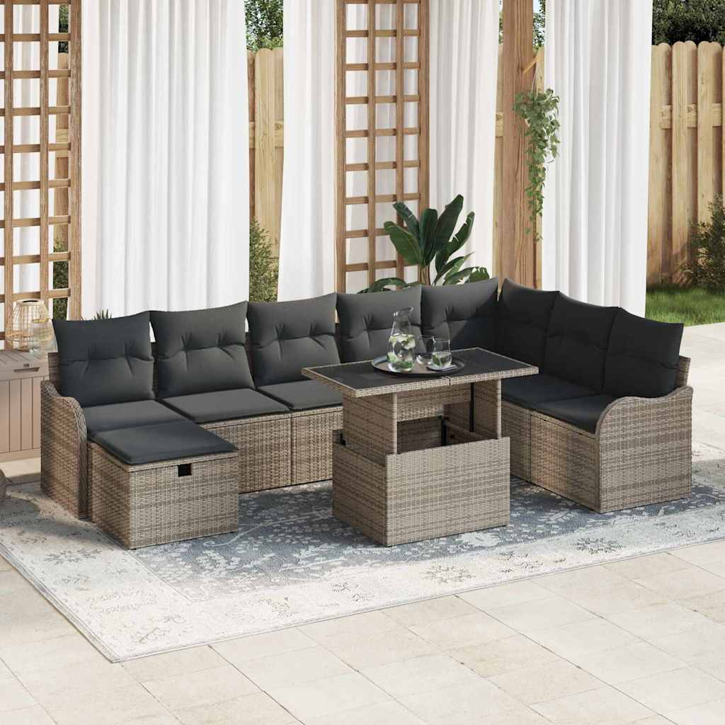 Tuin Sofa Set met kussen met opslag 9 pcs Grijs Poly riet is nu te koop bij PeponiXL, paradijselijk wonen!