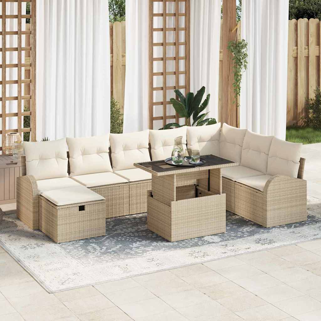 Tuin Sofa Set met kussen met opslag 9 pcs Beige Poly riet is nu te koop bij PeponiXL, paradijselijk wonen!