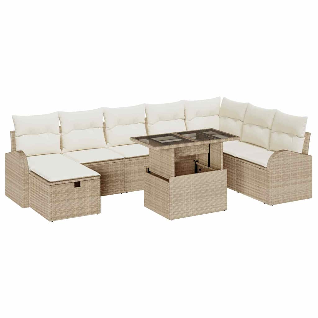Tuin Sofa Set met kussen met opslag 9 pcs Beige Poly riet is nu te koop bij PeponiXL, paradijselijk wonen!