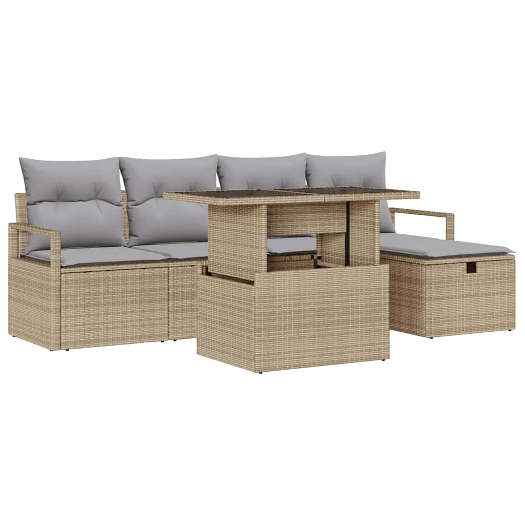 Tuin Sofa Set met kussen met opslag 6 pcs Beige Poly riet is nu te koop bij PeponiXL, paradijselijk wonen!