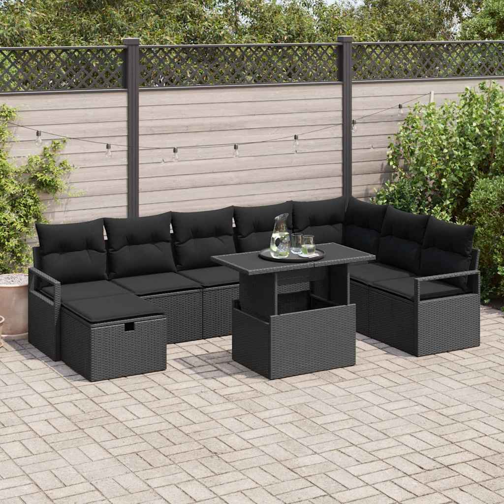 Tuin Sofa Set met kussen met opslag 9 pcs Zwart Poly riet is nu te koop bij PeponiXL, paradijselijk wonen!