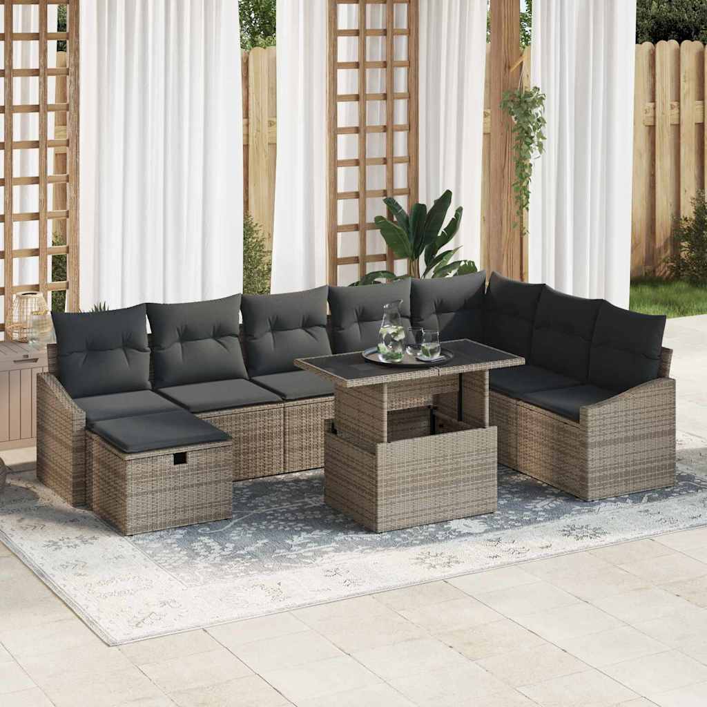 Tuin Sofa Set met kussen met opslag 9 pcs Grijs Poly riet is nu te koop bij PeponiXL, paradijselijk wonen!