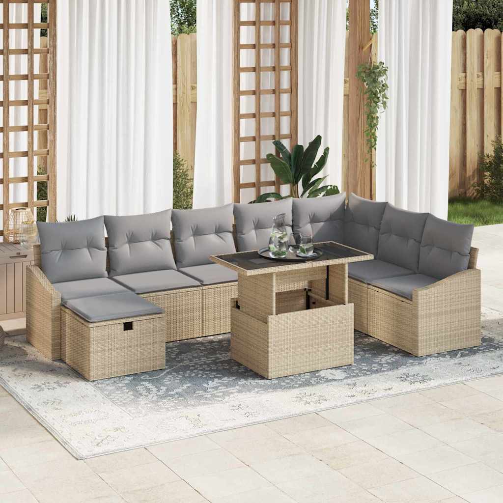 Tuin Sofa Set met kussen met opslag 9 pcs Beige Poly riet is nu te koop bij PeponiXL, paradijselijk wonen!
