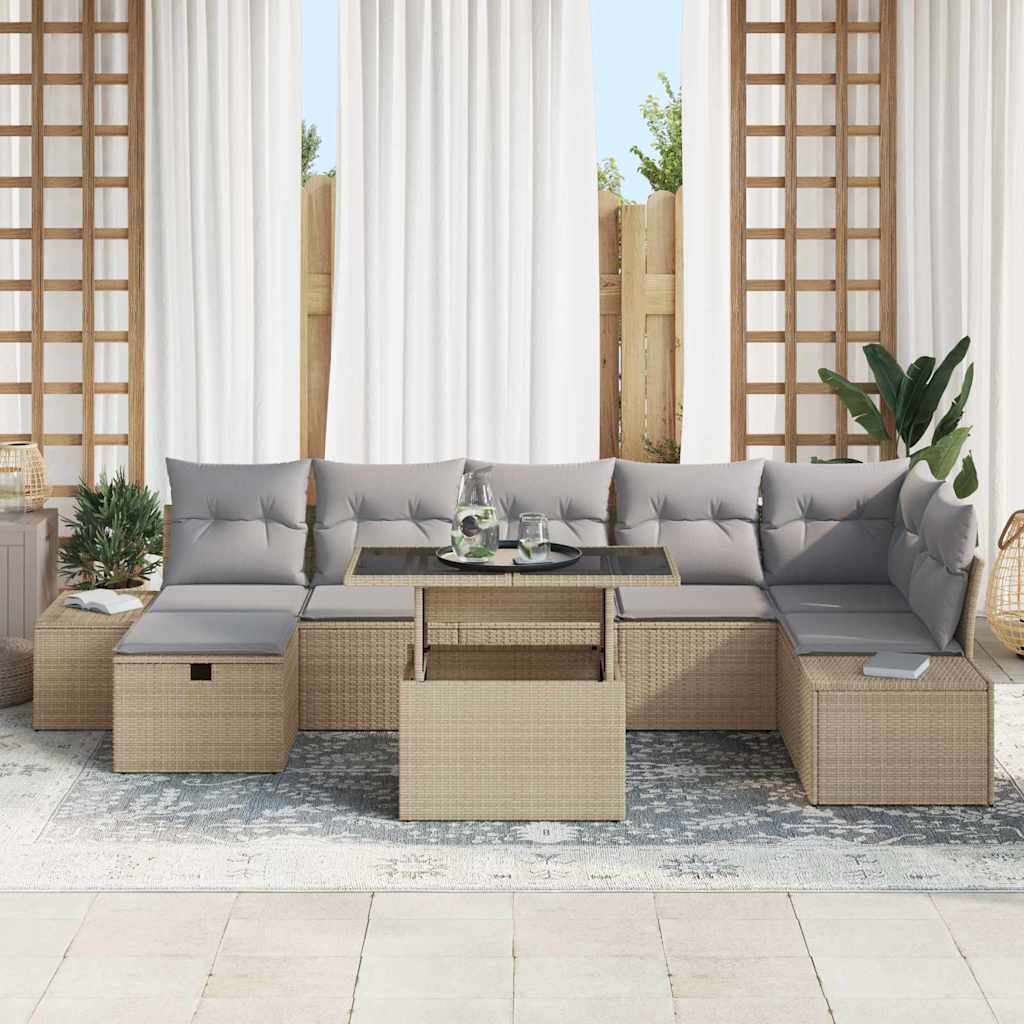 Tuin Sofa Set met kussen met opslag 8 pcs Beige Poly riet is nu te koop bij PeponiXL, paradijselijk wonen!
