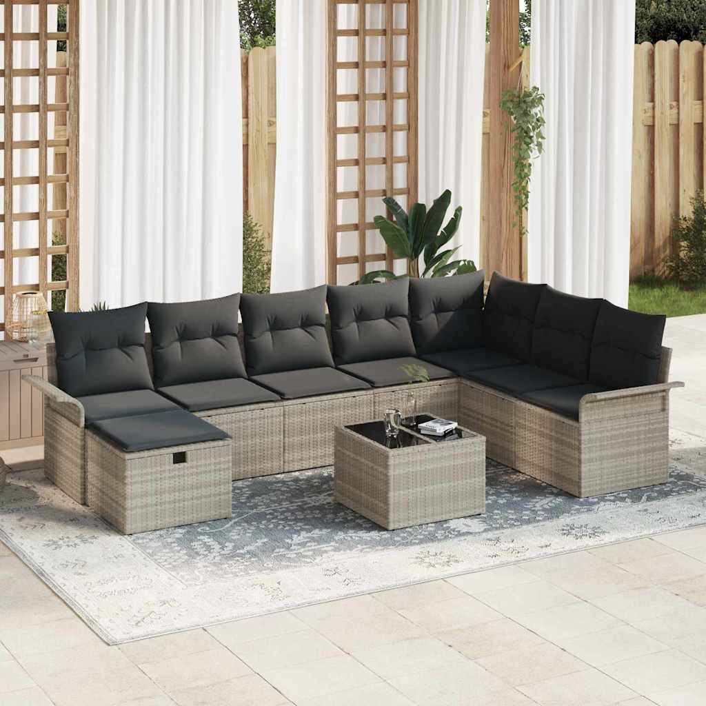 Tuin Sofa Set met kussen met opslag 9 pcs Lichtgrijs Poly riet