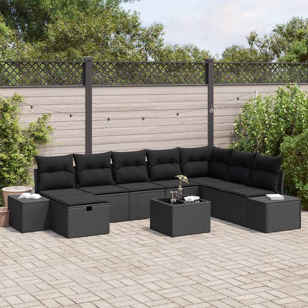 Tuin Sofa Set met kussen 9 pcs Zwart Poly riet is nu te koop bij PeponiXL, paradijselijk wonen!