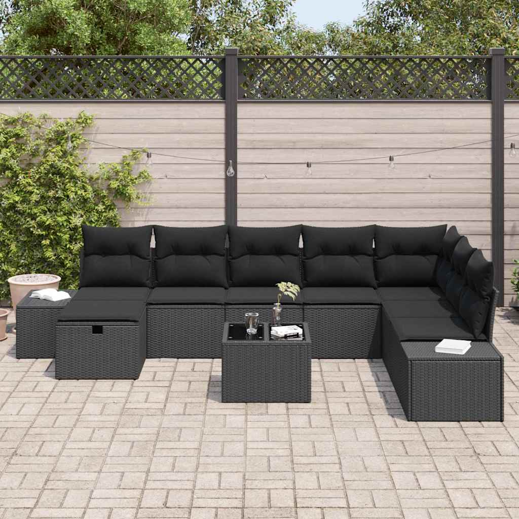 Tuin Sofa Set met kussen 9 pcs Zwart Poly riet is nu te koop bij PeponiXL, paradijselijk wonen!