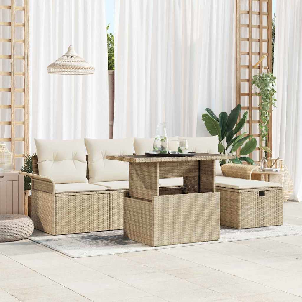 Tuin Sofa Set met kussen met opslag 6 pcs Beige Poly riet is nu te koop bij PeponiXL, paradijselijk wonen!