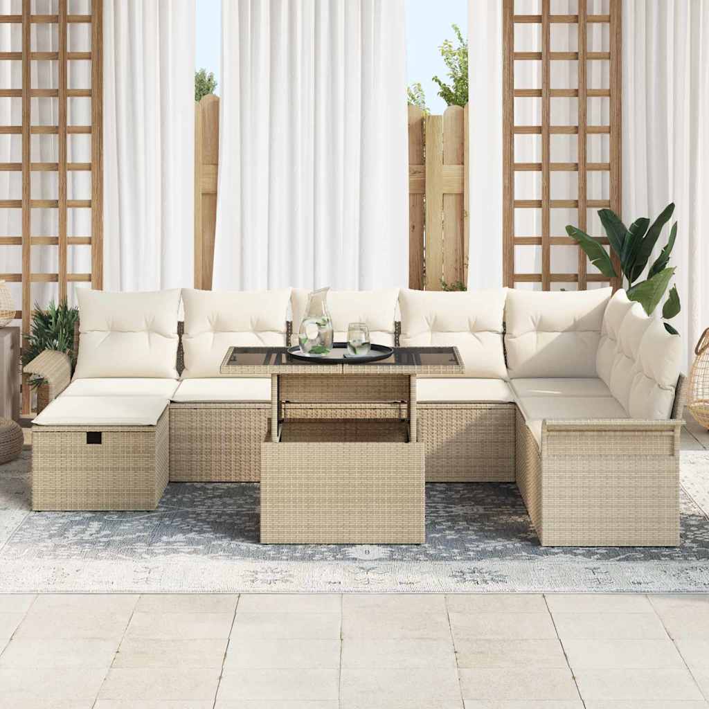 Tuin Sofa Set met kussen met opslag 9 pcs Beige Poly riet is nu te koop bij PeponiXL, paradijselijk wonen!