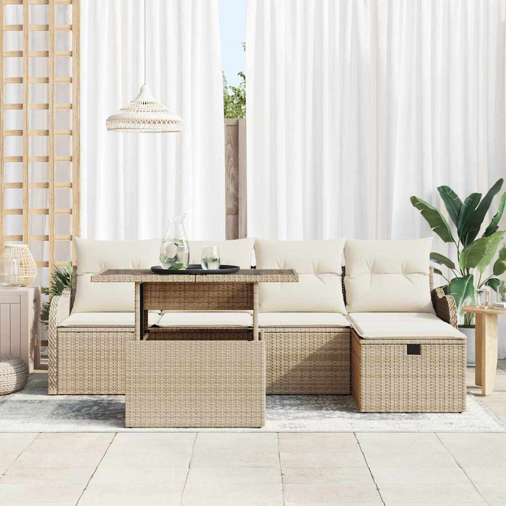 Tuin Sofa Set met kussen met opslag 6 pcs Beige Poly riet is nu te koop bij PeponiXL, paradijselijk wonen!
