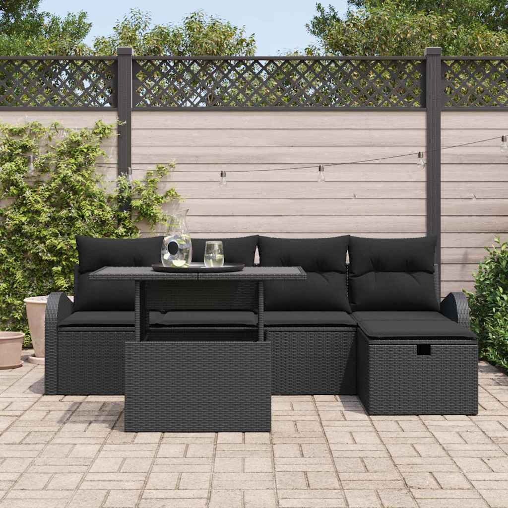 Tuin Sofa Set met kussen met opslag 6 pcs Zwart Poly riet is nu te koop bij PeponiXL, paradijselijk wonen!