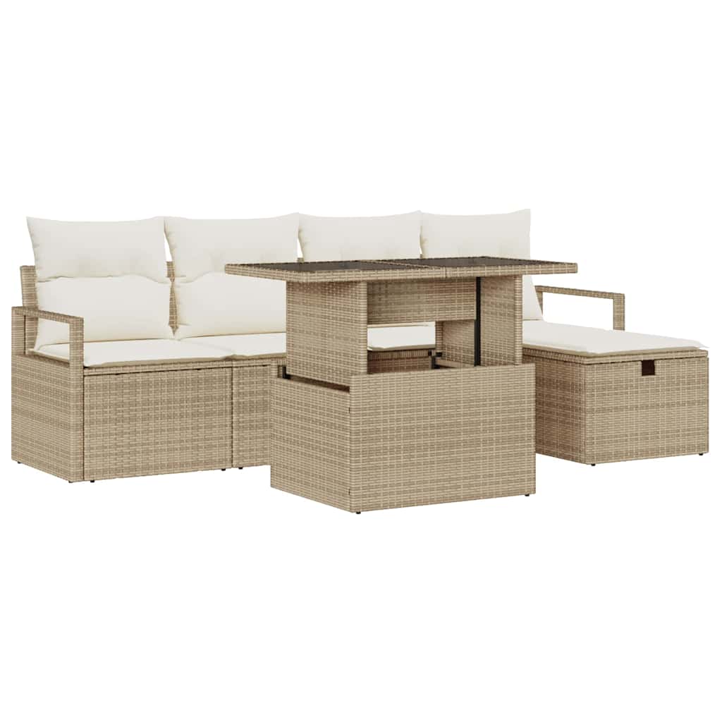Tuin Sofa Set met kussen met opslag 6 pcs Beige Poly riet is nu te koop bij PeponiXL, paradijselijk wonen!