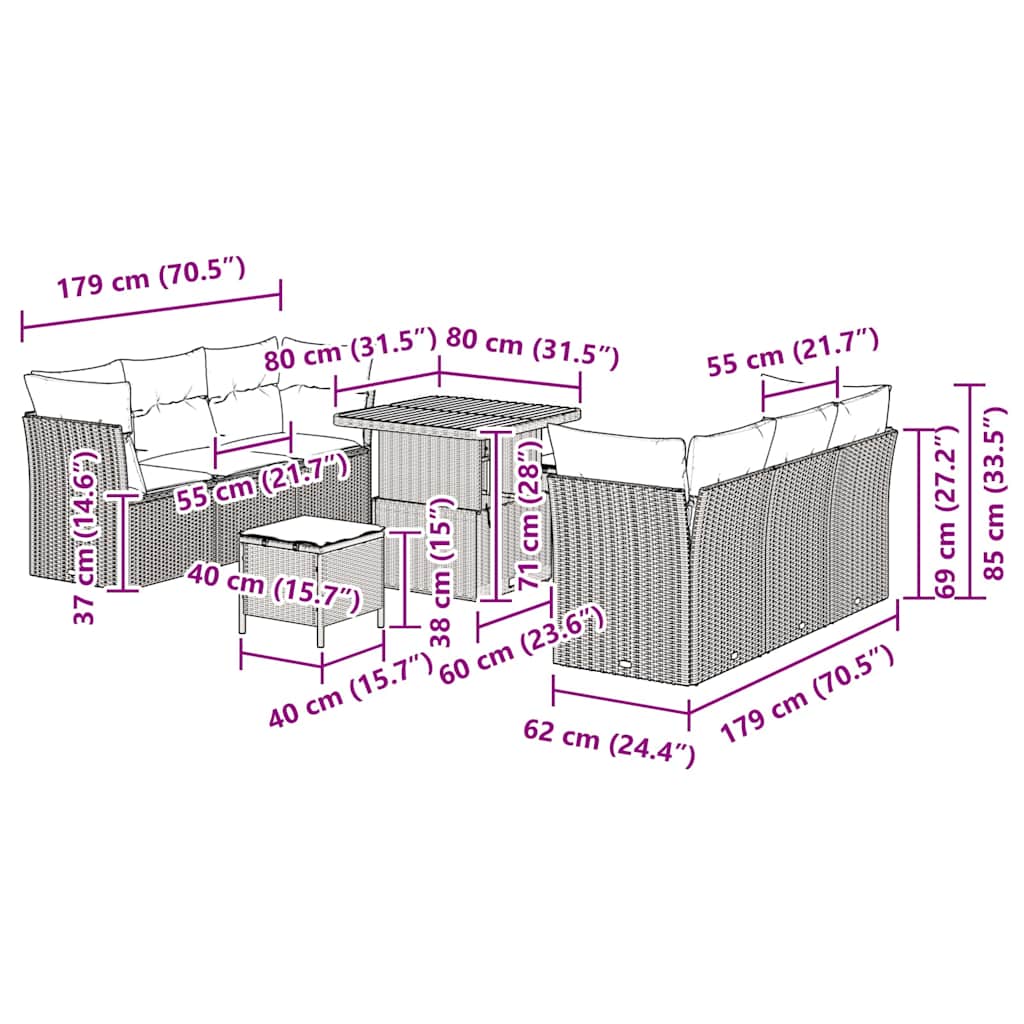 Tuin Sofa Set met kussen 9 pcs Zwart poly rattan is nu te koop bij PeponiXL, paradijselijk wonen!