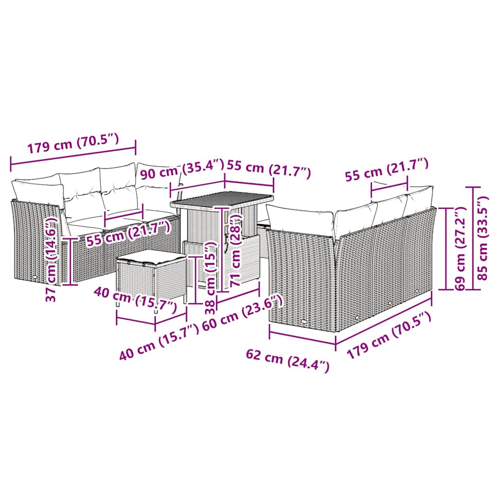 Tuin Sofa Set met kussen 9 pcs Beige poly rattan is nu te koop bij PeponiXL, paradijselijk wonen!