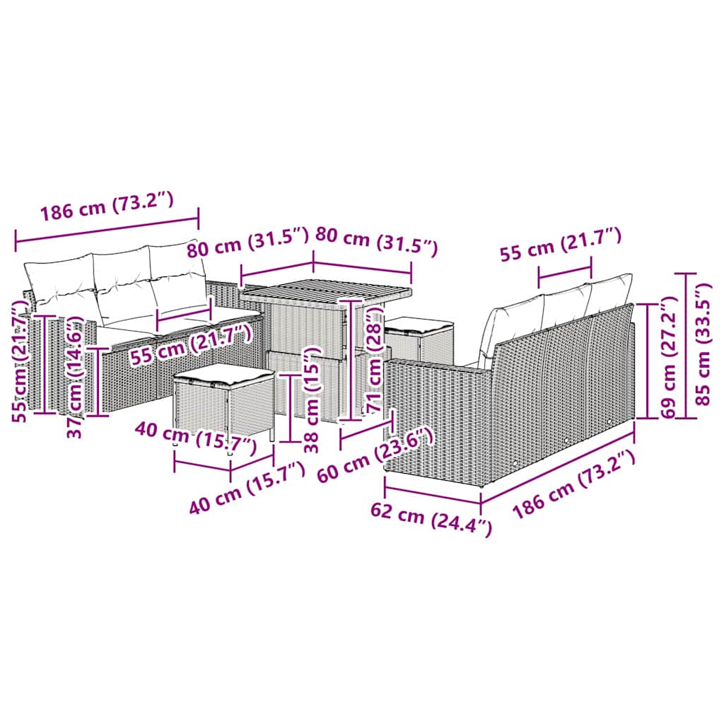 Tuin Sofa Set 9 pcs Zwart poly rattan is nu te koop bij PeponiXL, paradijselijk wonen!