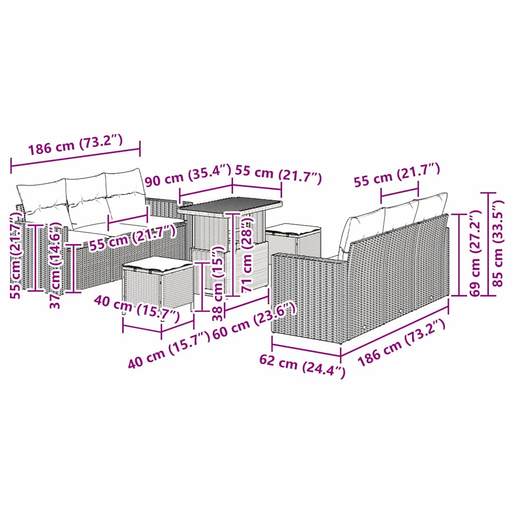 Tuin Sofa Set 9 pcs Zwart poly rattan is nu te koop bij PeponiXL, paradijselijk wonen!