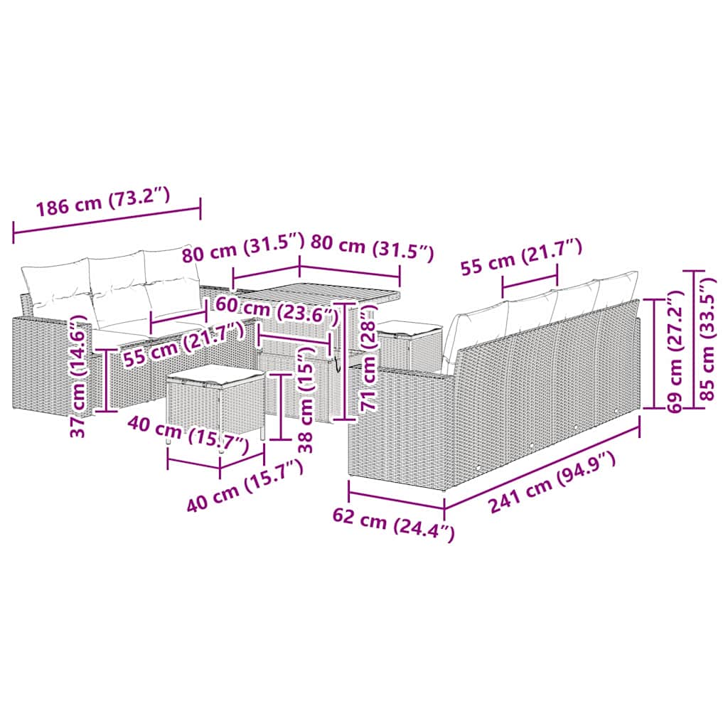 Tuin Sofa Set met kussen 10 pcs Zwart poly rattan is nu te koop bij PeponiXL, paradijselijk wonen!