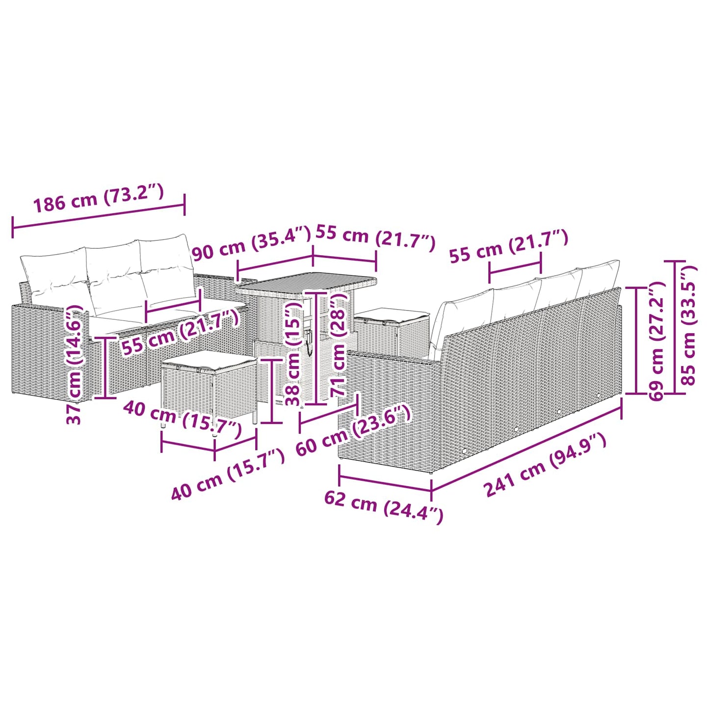 Tuin Sofa Set met kussen 10 pcs Zwart poly rattan is nu te koop bij PeponiXL, paradijselijk wonen!