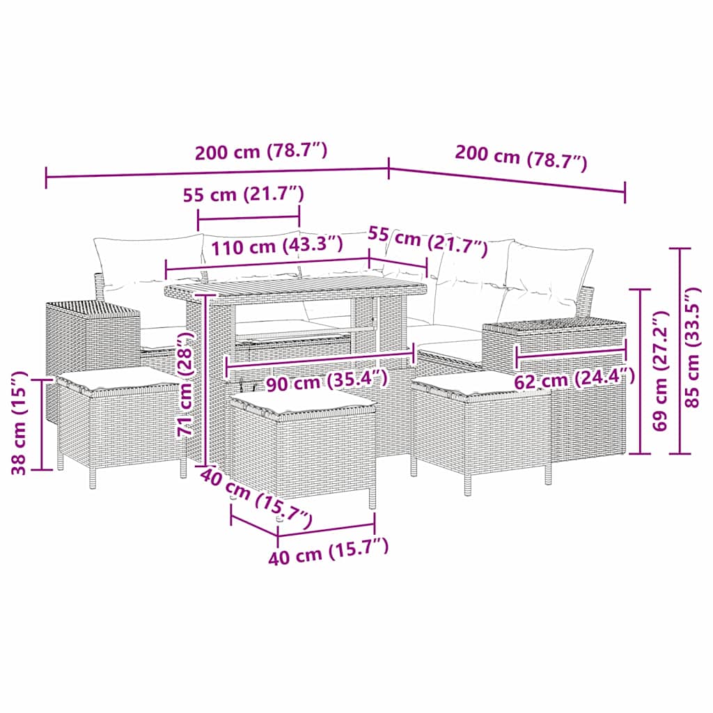 Tuin Sofa Set met kussen 9 pcs Grijs poly rattan is nu te koop bij PeponiXL, paradijselijk wonen!