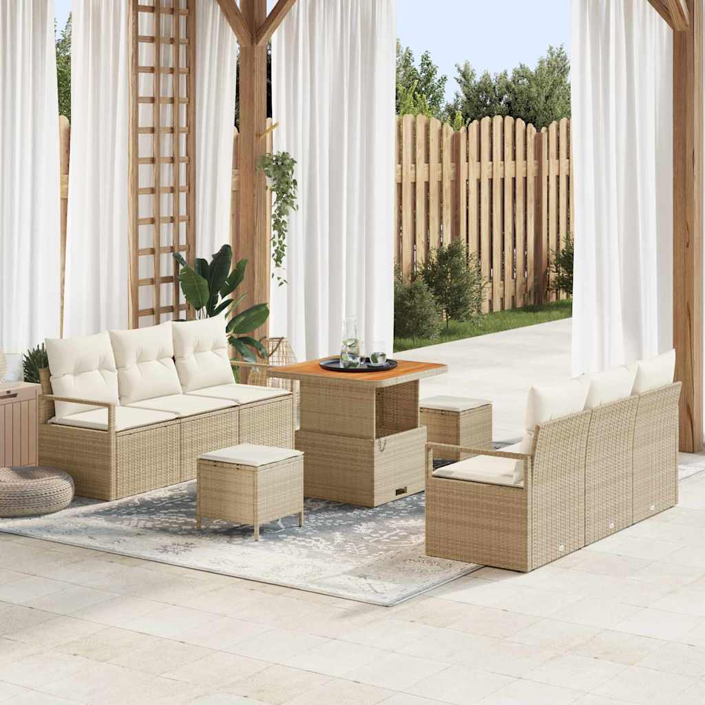Tuinbankenset met kussen 9 pcs Beige poly rattan