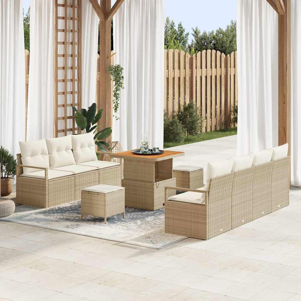Tuinbankenset met kussen 10 pcs Beige poly rattan