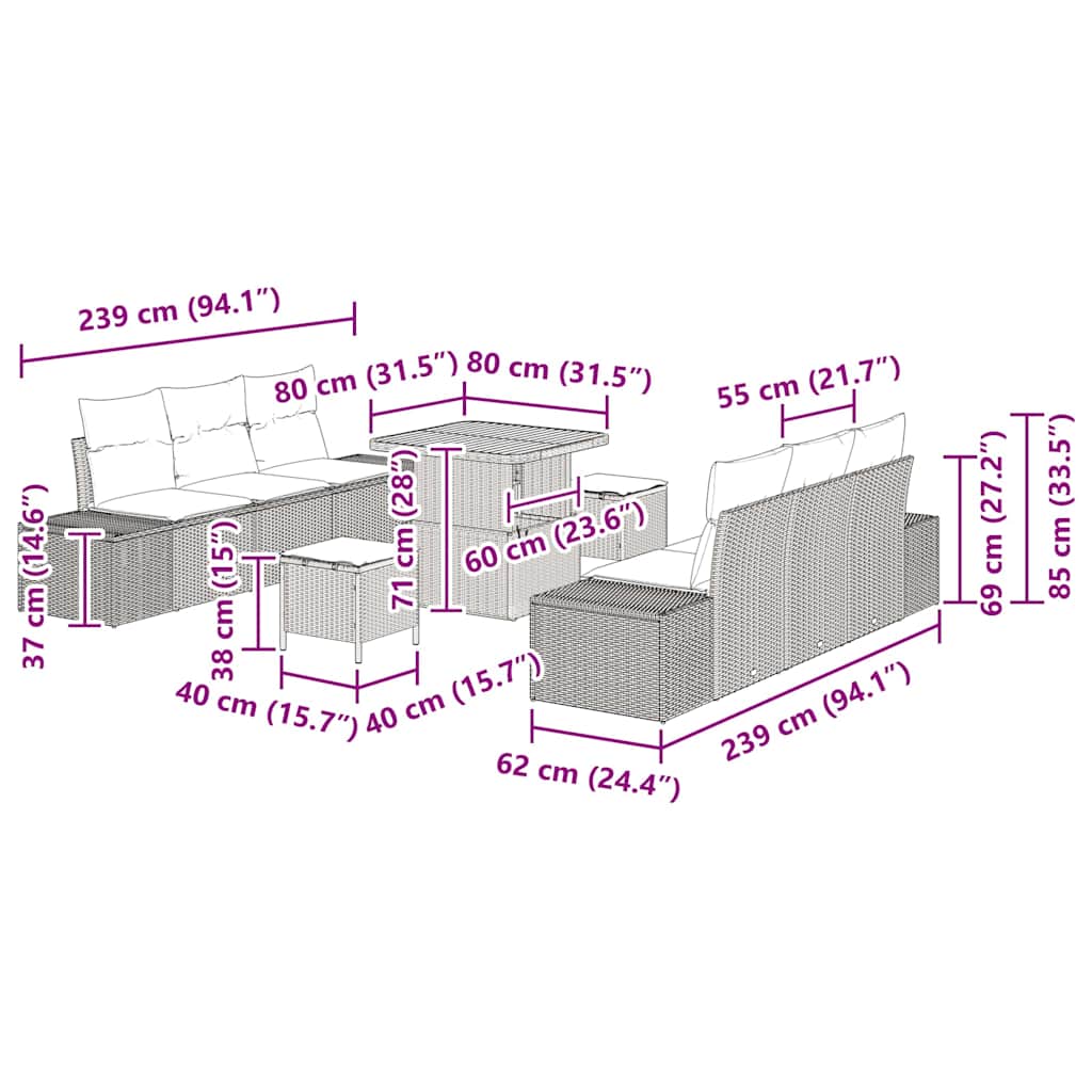 Tuinbankenset met kussen 9 pcs Zwart poly rattan is nu te koop bij PeponiXL, paradijselijk wonen!