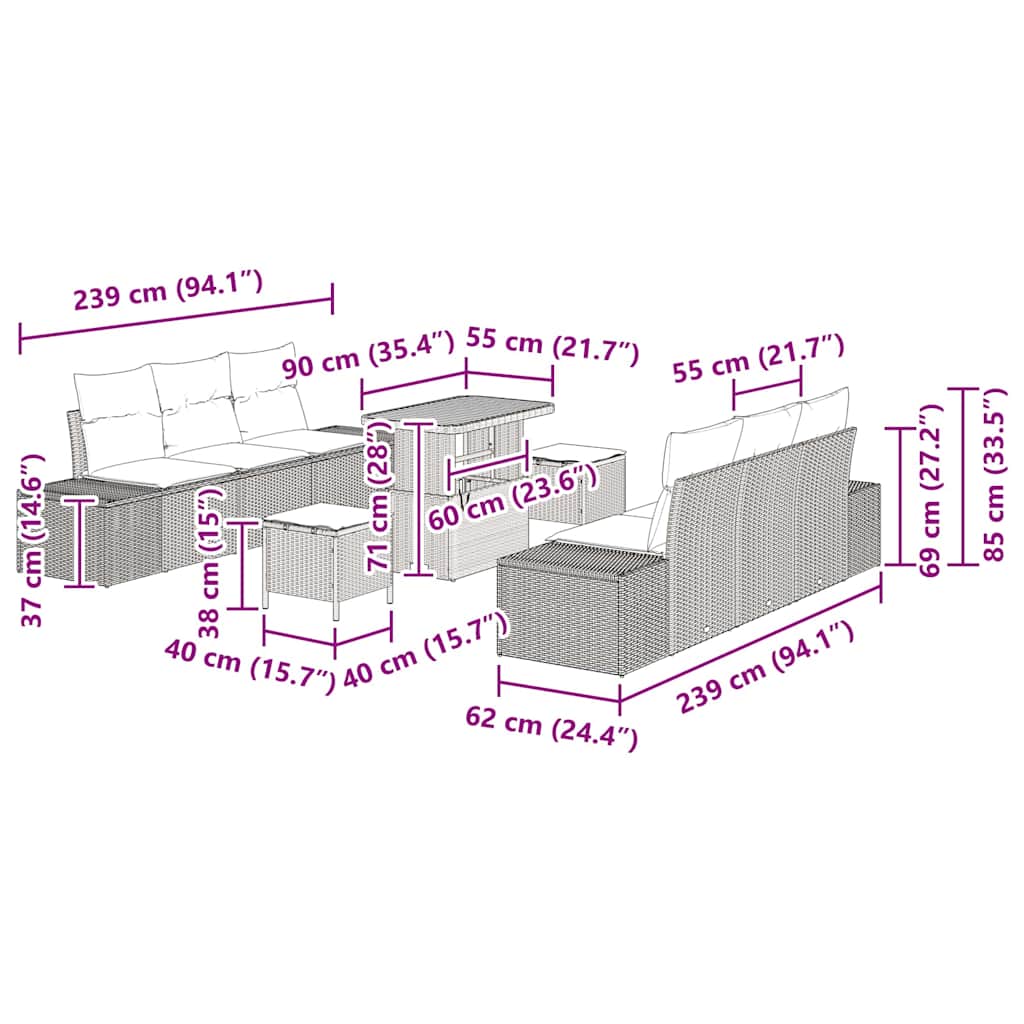 Tuinbankenset met kussen 9 pcs Grijs poly rattan is nu te koop bij PeponiXL, paradijselijk wonen!