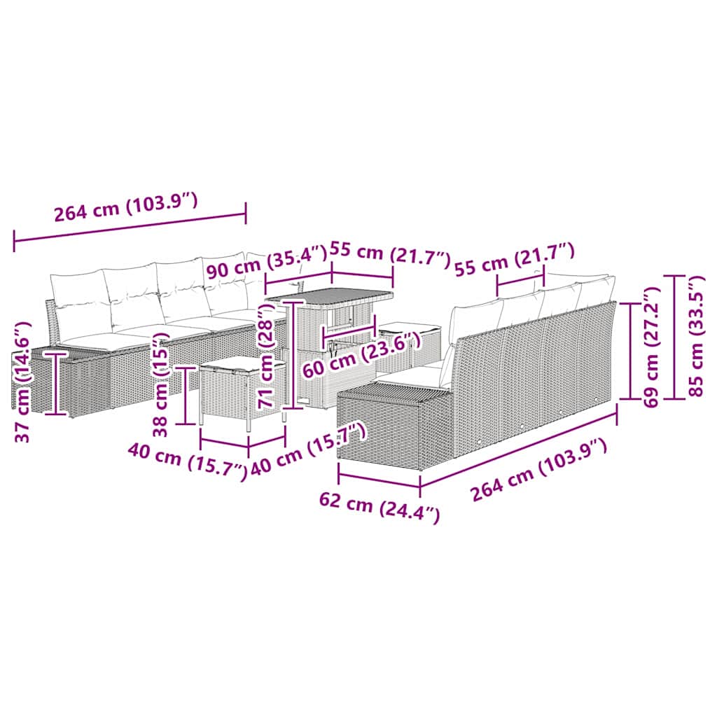 Tuinbankenset met kussen 11 pcs Grijs poly rattan is nu te koop bij PeponiXL, paradijselijk wonen!