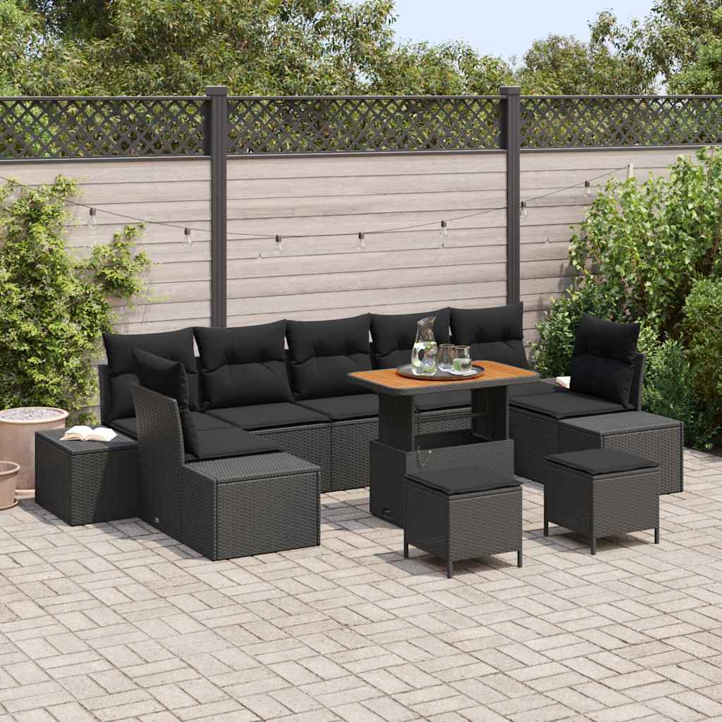 Tuinbankenset met kussen 10 pcs Zwart poly rattan is nu te koop bij PeponiXL, paradijselijk wonen!