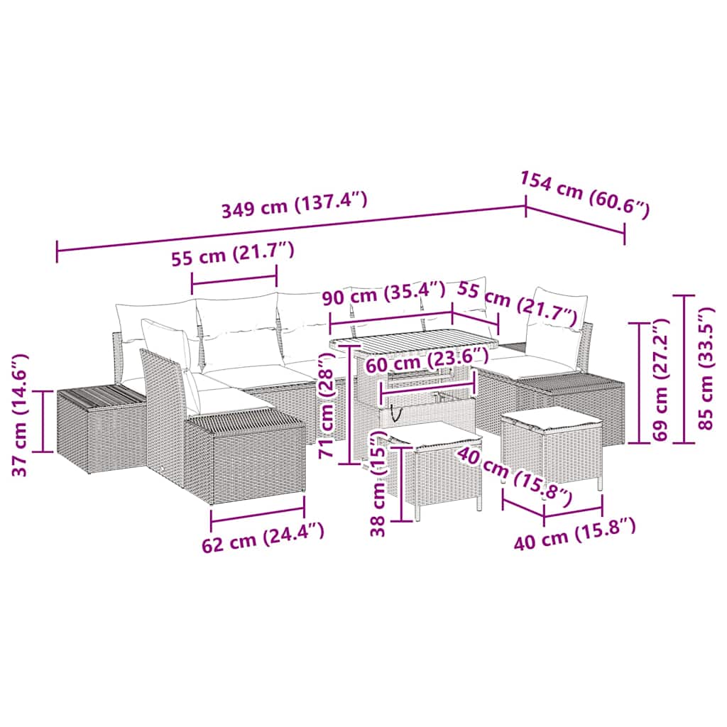 Tuinbankenset met kussen 10 pcs Grijs poly rattan is nu te koop bij PeponiXL, paradijselijk wonen!