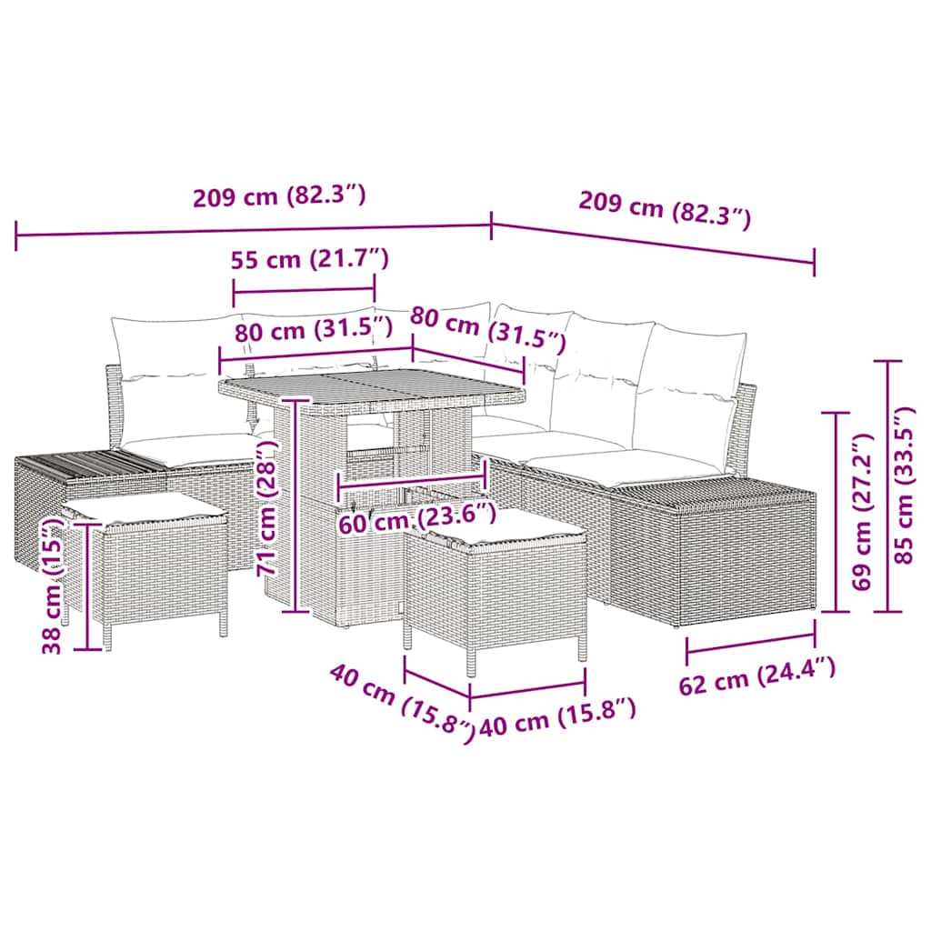 Tuinbankenset met kussen 8 pcs Beige poly rattan