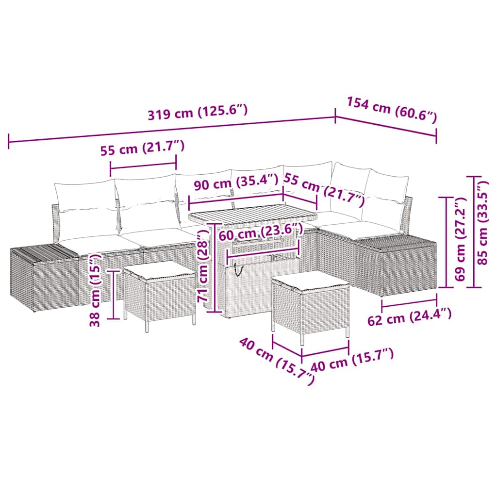 Tuinbankenset met kussen 9 pcs Beige poly rattan is nu te koop bij PeponiXL, paradijselijk wonen!