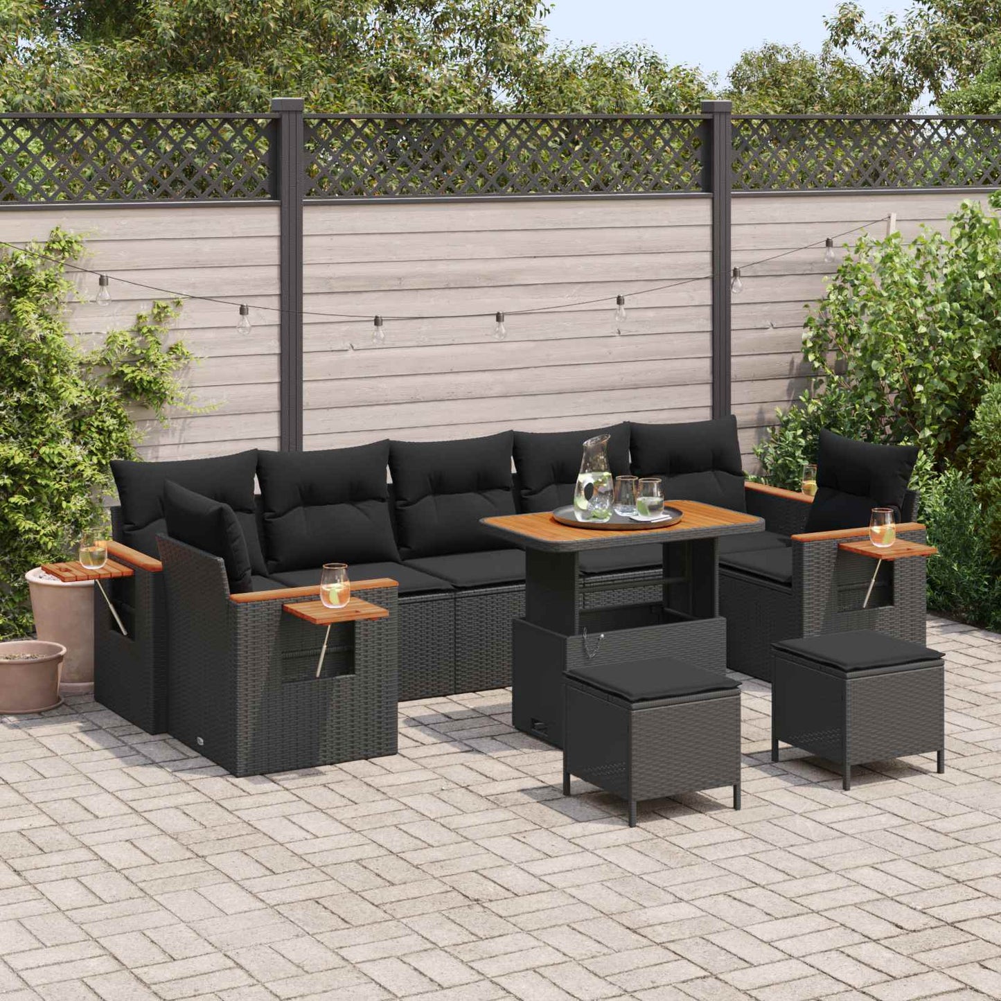 Tuinbankenset 10 pcs Zwart Poly rattan en gepoedercoat staal is nu te koop bij PeponiXL, paradijselijk wonen!