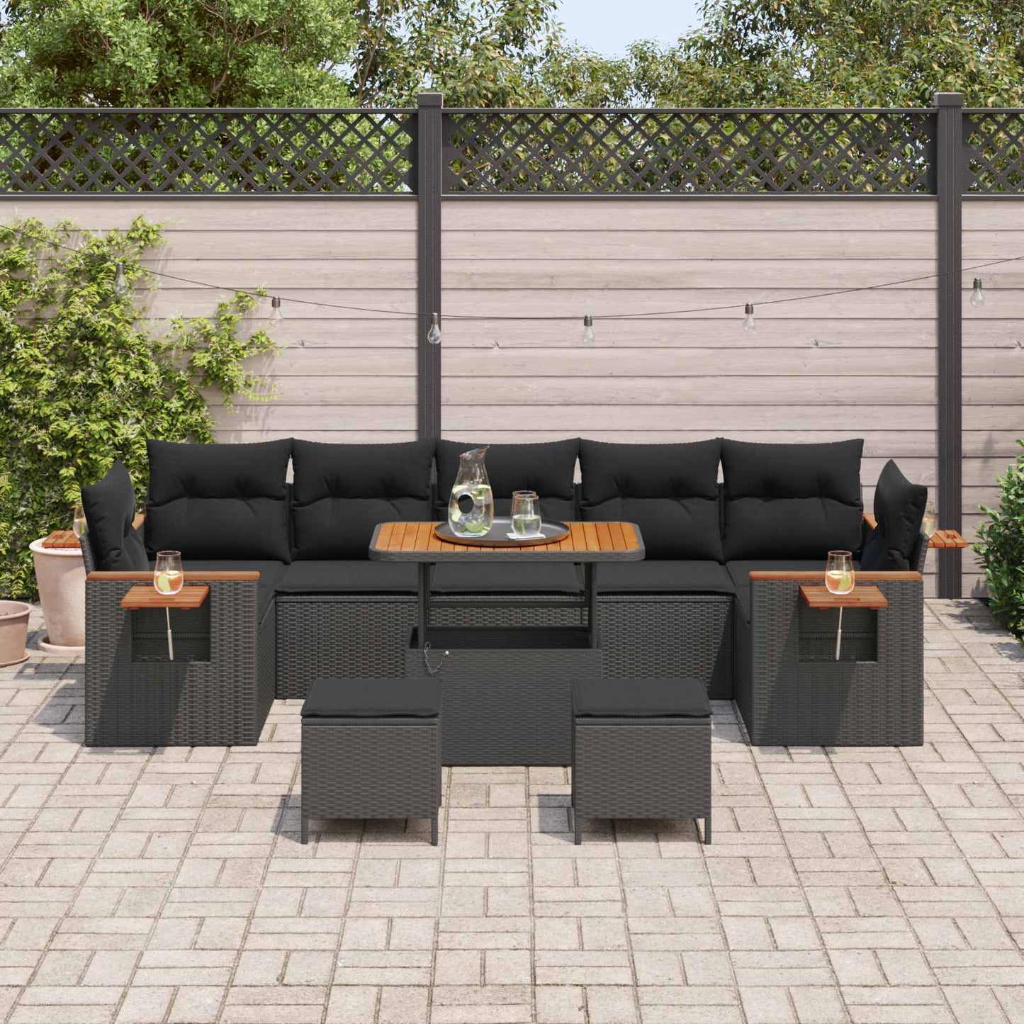 Tuinbankenset 10 pcs Zwart Poly rattan en gepoedercoat staal is nu te koop bij PeponiXL, paradijselijk wonen!