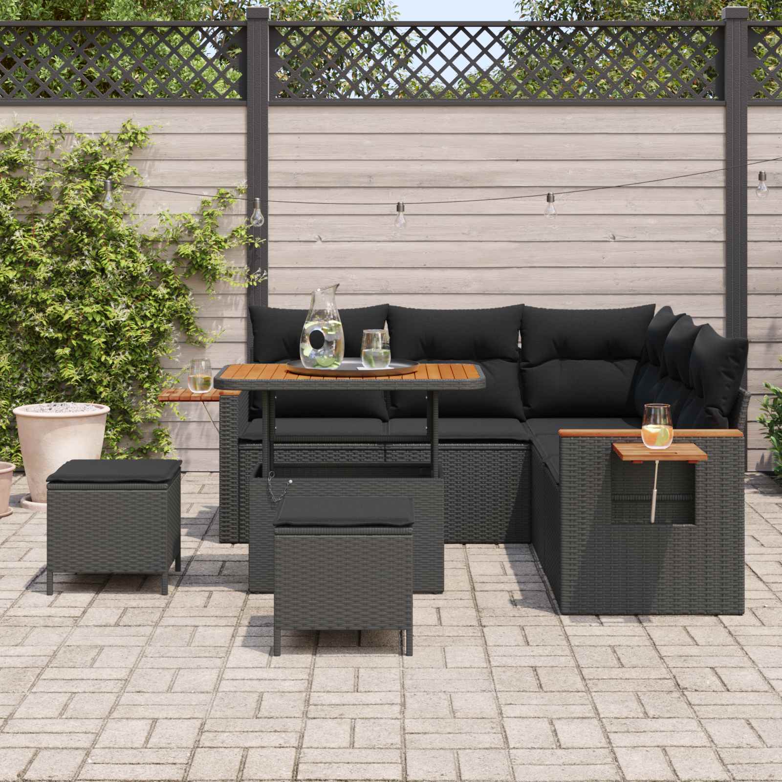 Tuinbankenset 8 pcs Zwart Poly rattan en gepoedercoat staal is nu te koop bij PeponiXL, paradijselijk wonen!