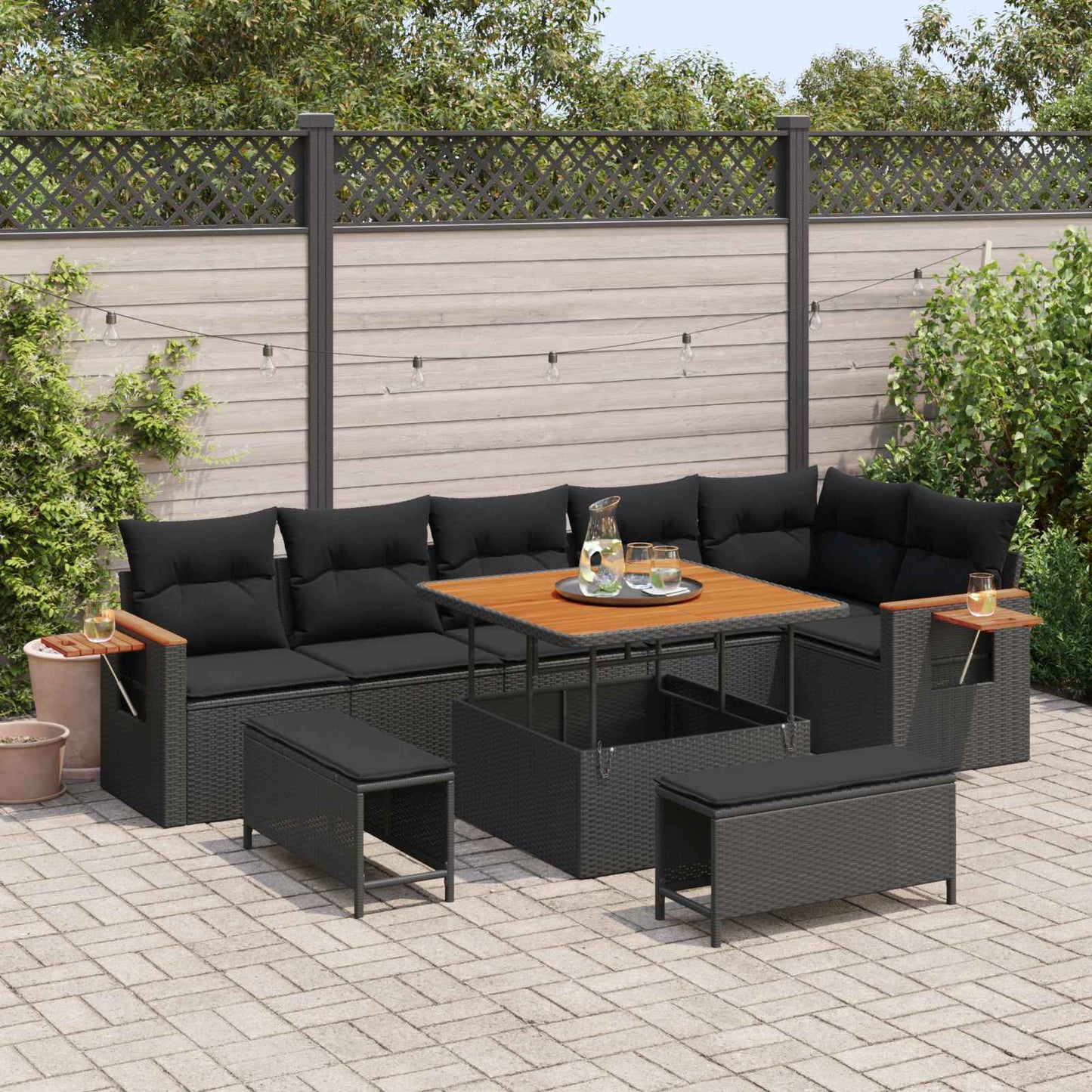 Tuinbankenset 9 pcs Zwart Poly rattan en gepoedercoat staal is nu te koop bij PeponiXL, paradijselijk wonen!