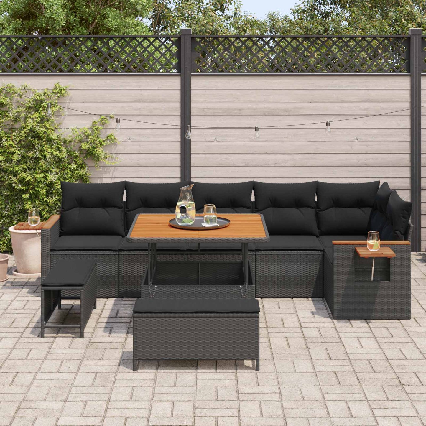 Tuinbankenset 9 pcs Zwart Poly rattan en gepoedercoat staal is nu te koop bij PeponiXL, paradijselijk wonen!