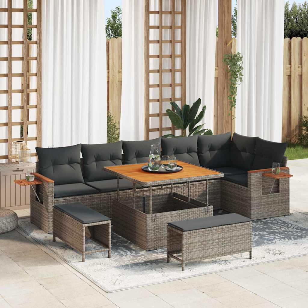 Tuinbankenset 9 pcs Grijs Poly rattan en gepoedercoat staal is nu te koop bij PeponiXL, paradijselijk wonen!